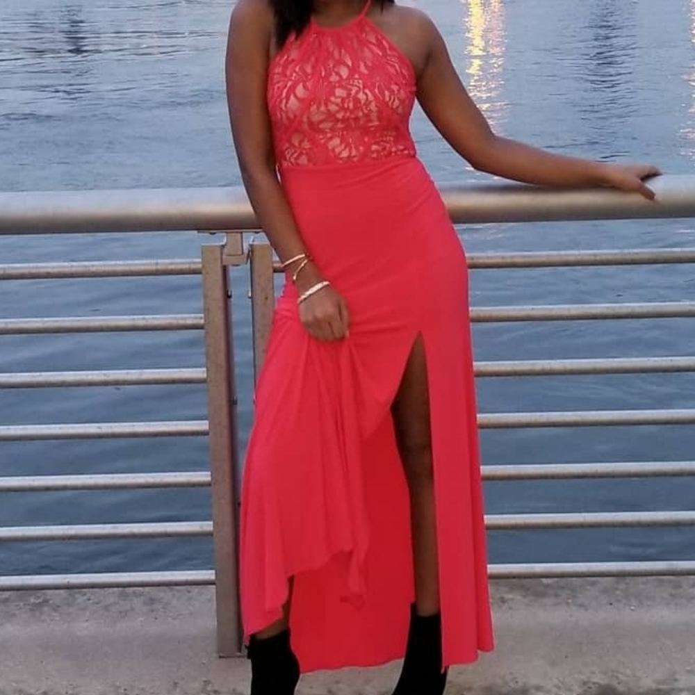Pink maxi dress with lace on top